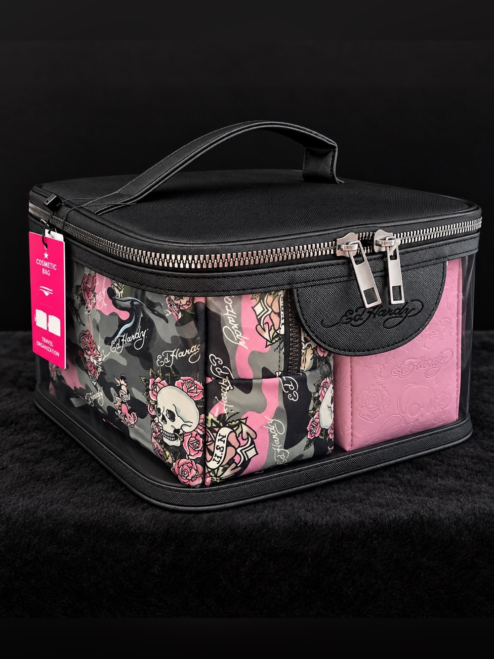 Ed Hardy 3PC Cosmetic Bag Set Pink Camo Skull Tattoo Print Travel Case